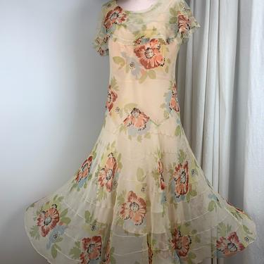 1920's Sheer Silk Georgette Dress - Soft Floral - Gatsby Garden Dress - Flouncy Tulip Shaped Skirt - Size Medium 