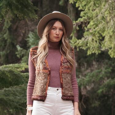 70s Vintage Wool Vest | Women's Hand Knit Cropped Sweater Vest | Wool Jumper | Chunky Knit Cardigan | Boho Hippie Marled Wool Top 