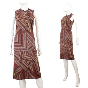 1970s Burgundy &amp; Gold Lurex Geometric Stripe Dress - 1970s Lurex Dress - Vintage Lurex Dress - 1970s Deco Print Dress | Size XS / Small 