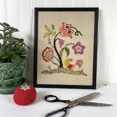 Framed flowers and bird crewel embroidery - 1970s vintage 