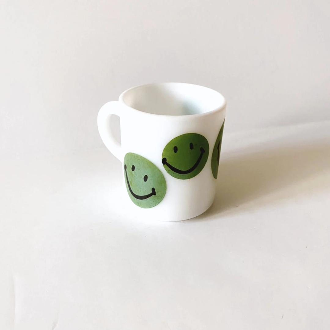 Vintage Green Smiley Face White Milk Glass Coffee Mug / Cup