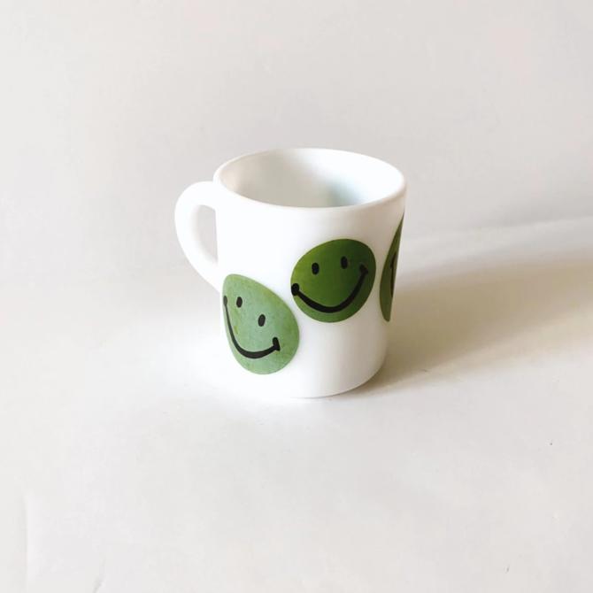 Vintage Green Smiley Face White Milk Glass Coffee Mug / Cup | Two