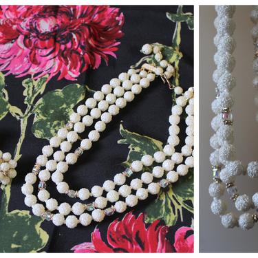 Vintage White Sugar Beads 3 strand Triple Necklace and Clip Earring Set Japan / Mixed Bead 