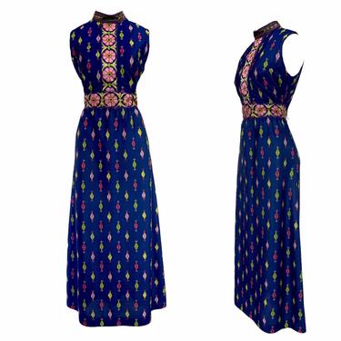 Vtg Vintage 1970s 70s Italian Designer Emilio Borghese Printed Maxi Dress 