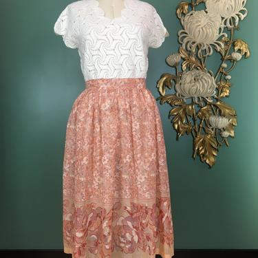1970s skirt, floral cotton skirt, vintage 70s skirt, full skirt, peach and rust, border print, size small, sheer cotton, bohemian, boho, 27 
