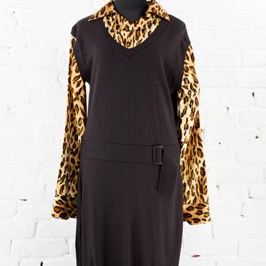 1950s Brown & Leopard Dress | 50s-like Brown Knit Dress | Betty Paige | Large 