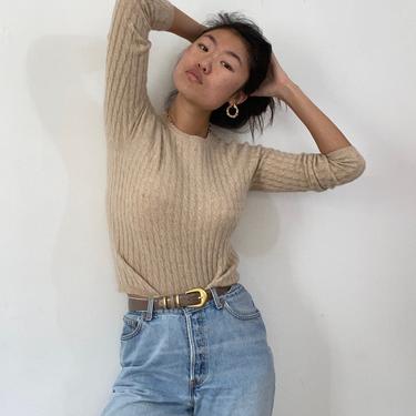 90s cashmere sweater / vintage oatmeal cashmere mini cable ribbed knit cropped raglan crewneck sweater | S 