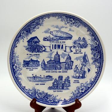 vintage Iowa souvenir plate/blue white ceramic/fort dodge/amana colony 