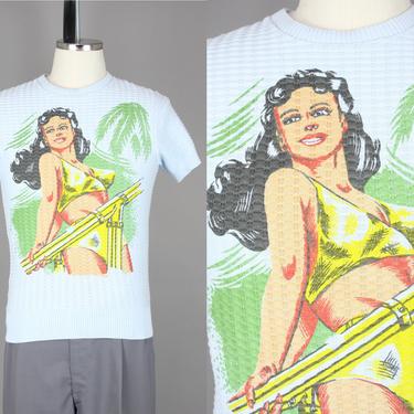 Groovin High · 1940s Style Pin Up Girl Summer Knit Shirt · Vintage 40s 50s Inspired Short Sleeve Sweater with Silk Screened Print · Medium 