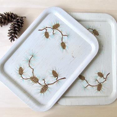 set 4 vintage pinecone tin TV trays - beige gold brown cabin decor for DIY magnetic board 