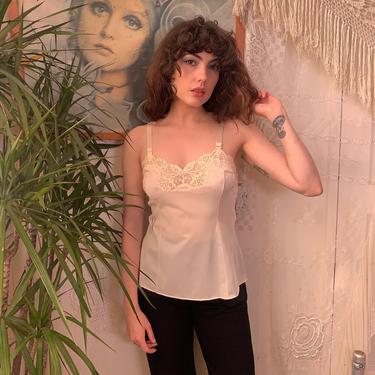 70's CREAM CAMISOLE TOP - floral lace trim - small 