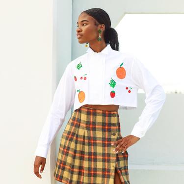 80s White Fruit Orange Strawberry Hand Painted Embroidered Crop Top Vintage Reworked Blouse 