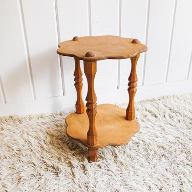 Unique Two-Tier Scalloped Edge Wood Table with Geometric Leg Detail 