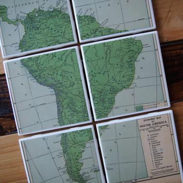 1931 Vintage South America Map Coaster Set of 6. Economic Map. Brazil Gift. South American Décor. Spanish. History Gift. Handmade Coasters. 