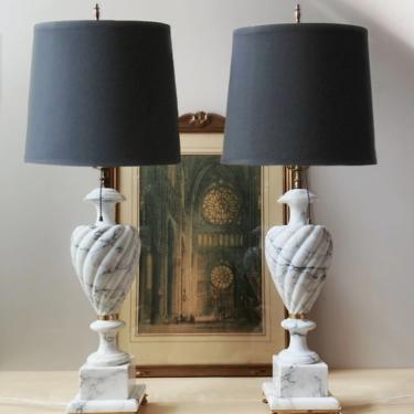 pair vintage italian alabaster table lamps - marble urn lamp brass dolphin feet 