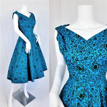 Deadstock 1950's Turquoise Blue Batik Print Cotton Day Dress I Full Skirt  I Sz Med I Rona Presents Joan Doris I NWT 