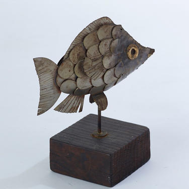 Vintage welded brutalist fish sculpture on wood 