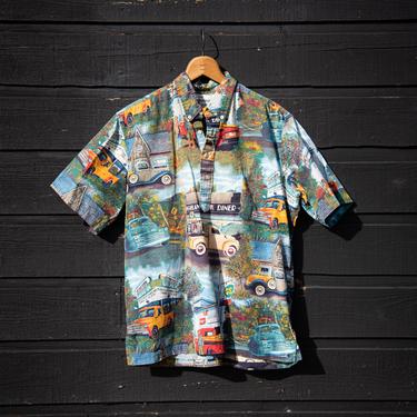 Vintage Reyn Spooner Hawaiian Shirt American Classics Men's Large 1950's Trucks Drive-In 100% Cotton Aloha Shirt | Rockabilly Surf Polo 