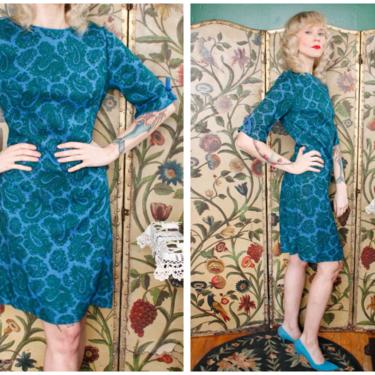 1960s Dress // Paisley Teal Twill Dress // vintage 60s sheath dress 