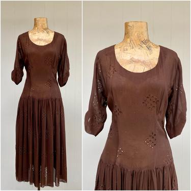 Vintage 1940s Brown Rayon Eyelet Dress, Chocolate Chiffon Drop-waist Frock with Ruched Sleeves, Medium 36 Inch Bust 