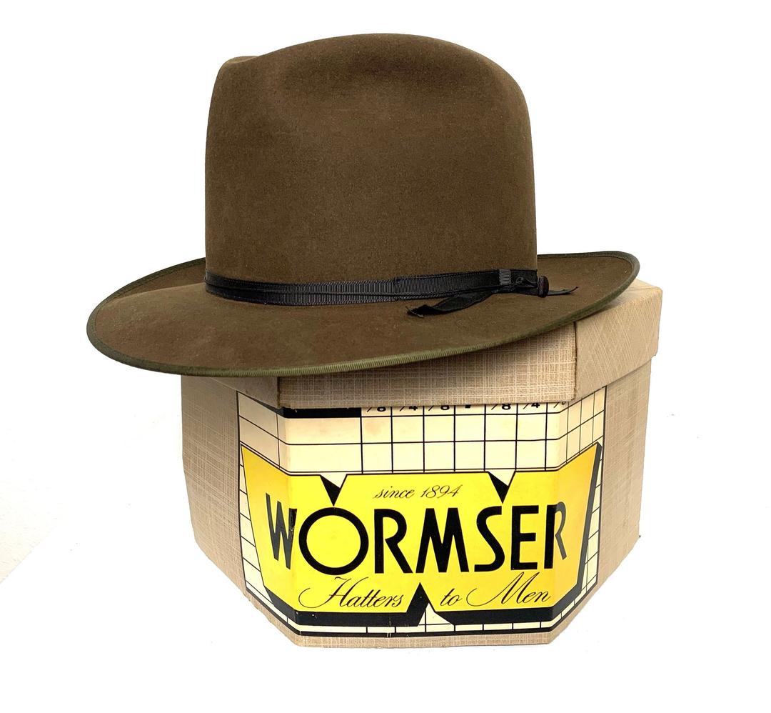 Offers 1960s/50s Wormser brown fedora in original box