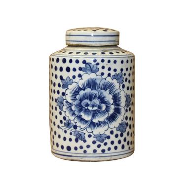 Chinese Blue White Ceramic Dots Flower Graphic Container Urn Jar ws834E 