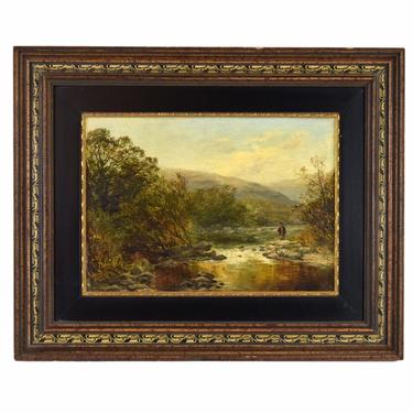 Circa 1900 Oil Painting Man Fly Fishing in Stream 