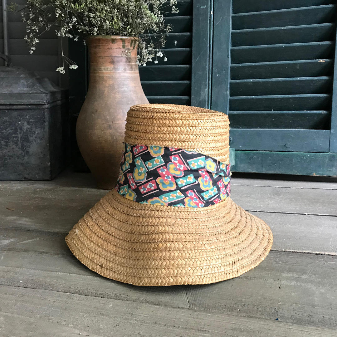 French Straw Garden Hat, Floral Cotton Ribbon Bow, Summer Sun Jan's