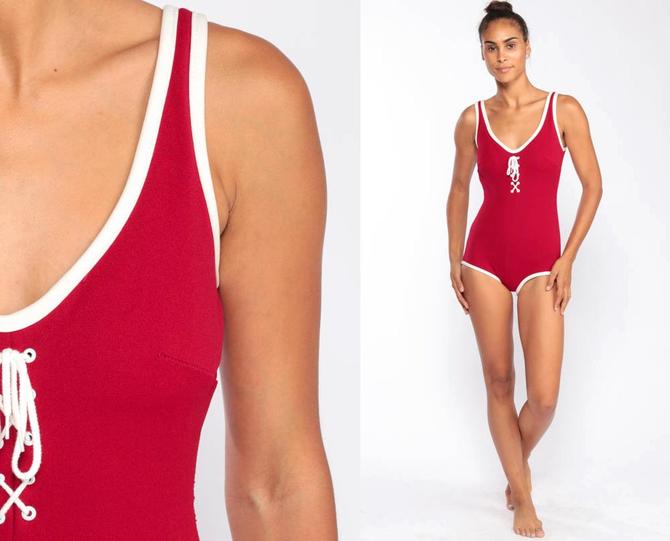 Red Bathing Suit Corset Swimsuit 70s Swimsuit One Piece Bathing Suit Lace Up V Back Swim Suit Pin Up Vintage Pinup 80s Extra Small Xs By Shopexile From Shop Exile Of Los Angeles