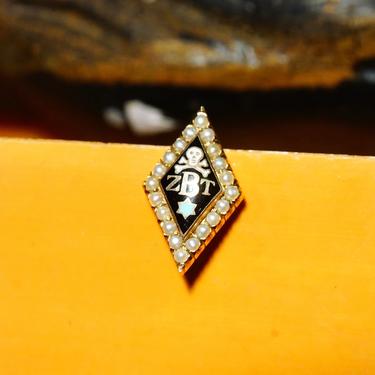 Vintage 1954 14K Gold Enamel Seed Pearl Zeta Beta Tau Fraternity Pin, Black Enamel, Skull Cross &amp; Star Symbol, Inscribed On Back, 22mm 
