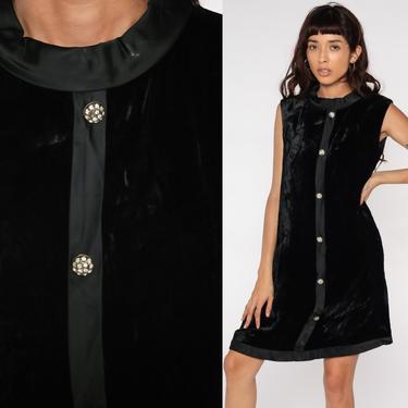 Velvet Mini Dress 60s Mod Black Party Dress R&K Originals Dress Rhinestone 1960s Vintage Cocktail Shift Formal Sleeveless Small Medium 
