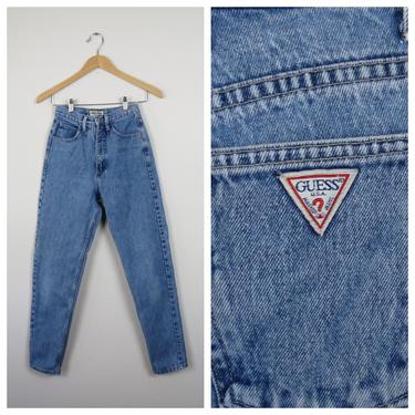 Vintage 1980s, 1990s, Guess jeans, denim, high waist, peg leg, tapered, 5 pocket, size xs, 24" waist 