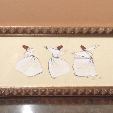 Signed Arabic Gouache Painting Whirling Dervishes Sufi Art 12x6 