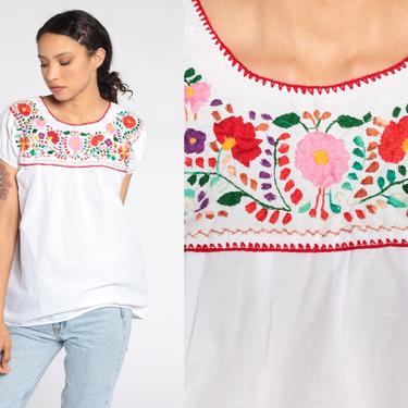 White Mexican Blouse Embroidered Top Peasant Hippie Boho Cotton Tunic Bohemian Floral Vintage Smock Tent Shirt Medium 