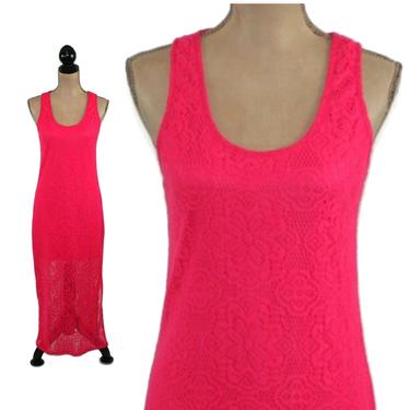 90s Hot Pink Maxi Dress Small Sleeveless Summer Dress Women Casual Long Lace Beach Hippie Clothes Racerback Tank Dress Boho Vintage Clothing 