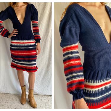 Vintage 70's Sweater Dress / Deep V Neck Sexy Dress / Puffed Sleeves Dress / Vintage Stripe Sweater Dress /Puffy Sleeves 