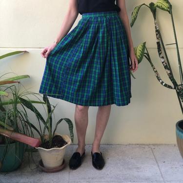 1950's Skirt / Cotton Midi Skirt / Plaid Kelly Green and Cobalt Blue Cotton Skirt / Picnic Skirt / Garden Party Skirt / CEO secretary Skirt 