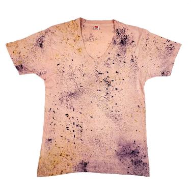 Naturally Dyed T-Shirt, Eco Print Botanical Bundle Dyed Shirt, Sustainable Fashion Plant Dye - Avocado Pink Vintage V-Neck Hanes Tee 