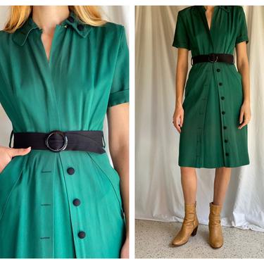 1940s Gabardine Dress / Teal Green and Black Faux Button Dress / Holiday Party Dress / Green Christmas Dress / Cotton Gabardine 