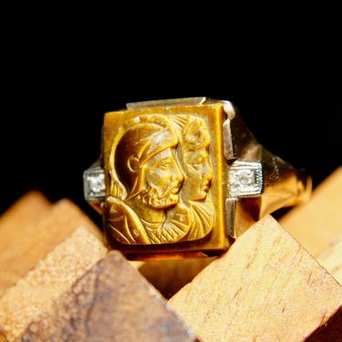 Vintage Art Deco 10K Yellow Gold Diamond Accent Tigers Eye Cameo Ring, Carving Of Greek Warriors, Iridescent Gemstone, Unisex, Size 10 US 