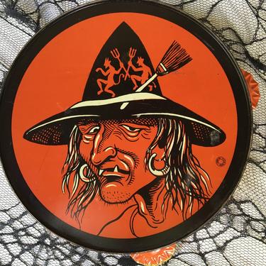 Vintage Hag/Witch Tamborine By T. Cohn, Halloween Noise Maker, Tin Litho Hag With Devil Witch Hat, Boho, Tough Customer 