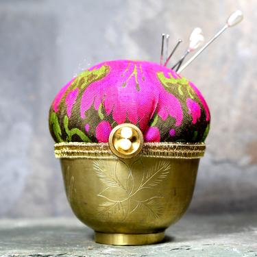 Etched Brass Asian Bowl Pin Cushion - Upcycled Vintage Brass Tea Cup Pin Cushion - Handmade | Free Shipping 