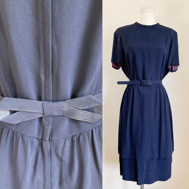 Vintage 1950s Navy Belted Dress / M 