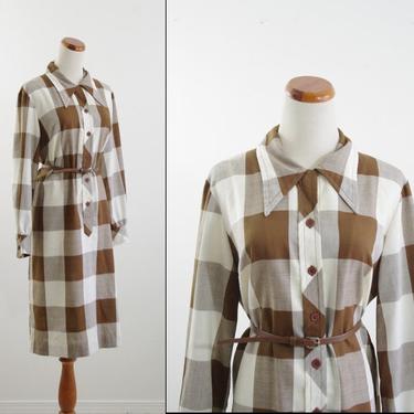 Vintage Buffalo Plaid Dress, 70s Shirtdress, Brown &amp; White Checked Long Sleeve Dress, Collared Button Down Dress,   XL 