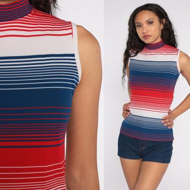 70s Striped Shirt Red White Blue Mock Neck Top Sleeveless 1970s Tank Top Mod Shirt Retro Vintage 70s boho Small Medium 