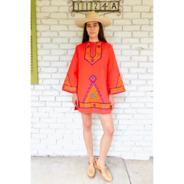Indian Embroidered Tunic // vintage 70s embroidered coral dress blouse boho hippie hippy 1970s woven cotton mini // S/M 