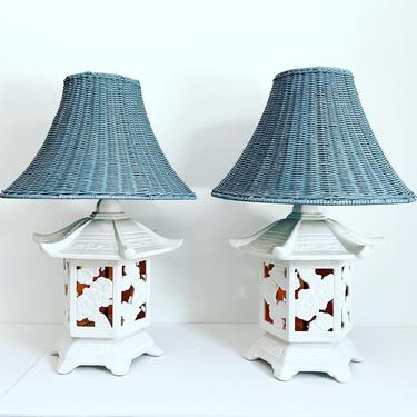 Midcentury Pagoda Lamps & Wicker Shades - a Pair 
