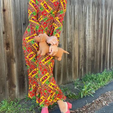 Vintage 70s handmade bright floral and paisley psychedelic maxi dress 