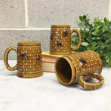 Vintage Mug Set Retro 1970s Handmade Pottery + Honey Bees + Beehive + Pottery + Set of 3 + Coffee Cups + Home and Kitchen Decor 