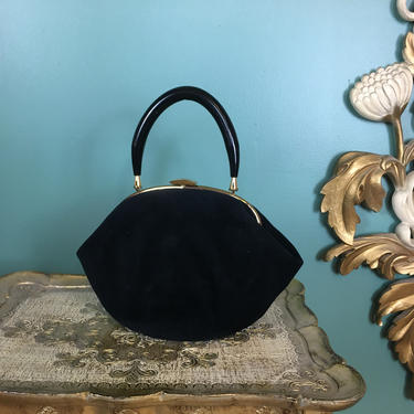 Vintage Purse Handbag 1950s Morris Moskowitz mm Black Wool with Lucite Clasp